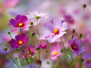 色とりどりのコスモスが咲き誇る秋の花畑の美しい風景