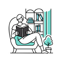 Person Reading Book in Room with Bookshelf Illustration