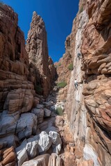 Adventurers scale steep canyon walls of a dramatic red and white rocky gorge under a vibrant blue sky.