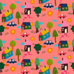 Whimsical Kids Town Seamless Pattern on Bright Backgrounds