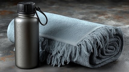Minimalist Fitness Essentials: Matte Black Water Bottle and Rolled Blue Fringed Towel on Stone