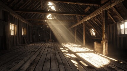 Sunlight streams into an old wooden attic