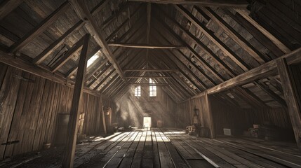 Wooden attic interior, sunlight beams