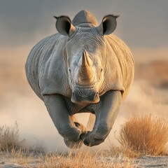 A powerful white rhino charges forward through dry grass and swirling dust.