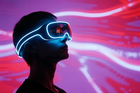 Man immersed in a VR headset with dynamic neon light trails, representing the cutting-edge future of virtual reality, augmented reality, gaming, and innovative digital experiences in the metaverse.