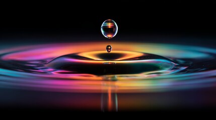Oil droplet macro with rainbow reflections on black surface