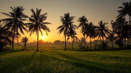 Sunrise over Lush Rice Paddy Field with Silhouetted Palm Trees,sku,sun