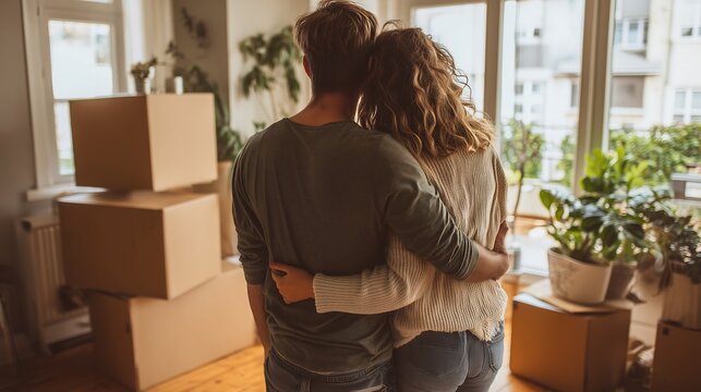 Couple Embracing in New Home Amidst Moving Boxes, Looking Out Window - Powered by Adobe
