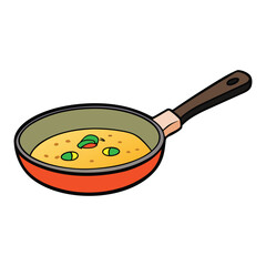 Frying pan with a fluffy vegetarian omelet, filled with fresh veggies and herbs, golden and warm, ready to serve for a healthy, colorful breakfast or brunch.
