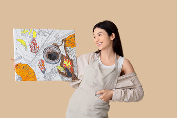 Female artist with painting by numbers on beige background