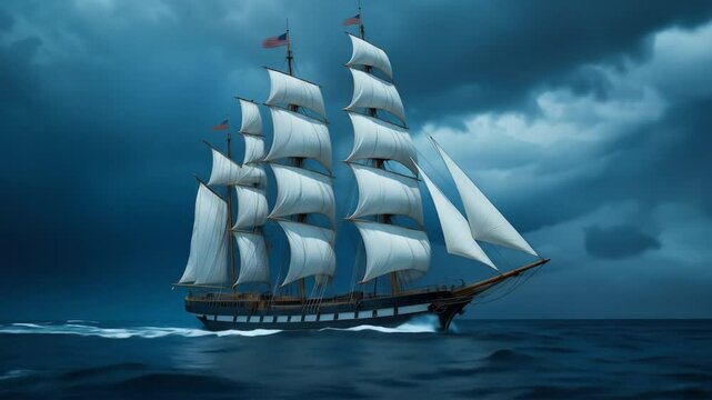 Vintage sailing ship gliding through ocean waves under a dramatic stormy sky