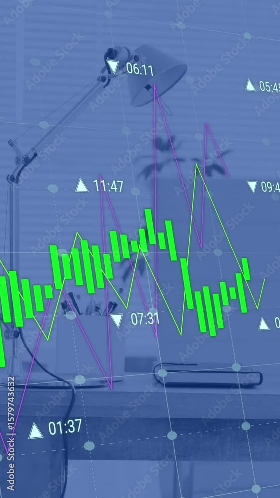 Aufkleber animation of statistical data processing against office desk