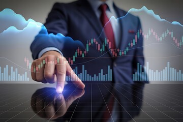 Businessman touching virtual financial data interface with stock market graphs and charts in blue and red