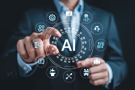 Businessman touching A I interface with icons and the letters A I in white on a dark background