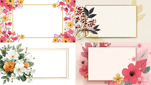Four rectangular floral designs, each with a blank space for text, surrounded by flowers and gold-toned borders