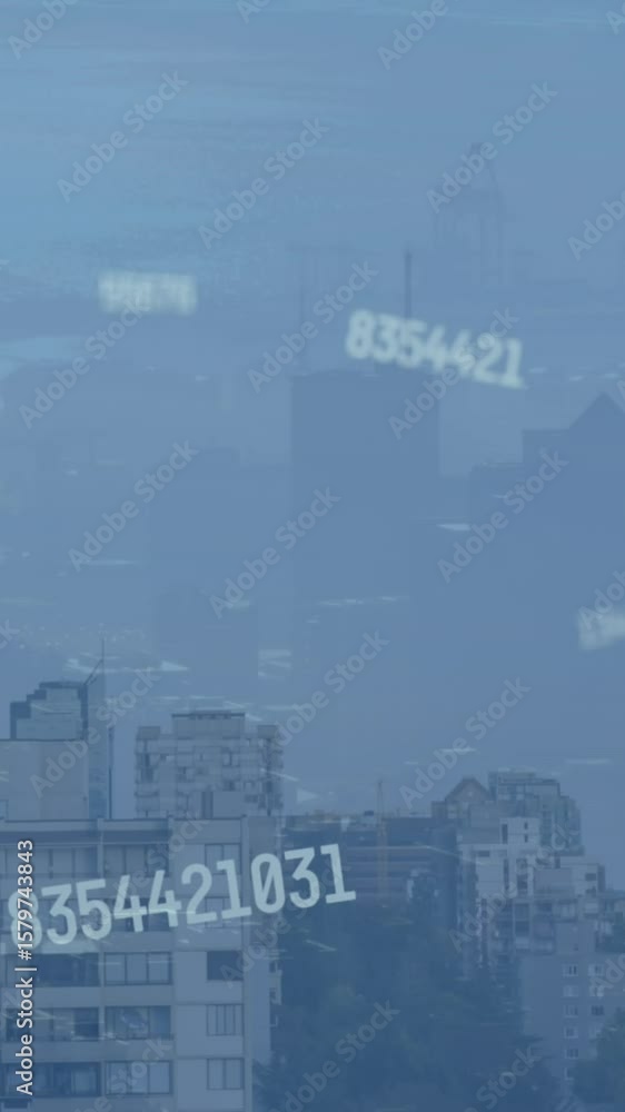 Aufkleber animation of multiple changing numbers falling against aerial view of cityscape