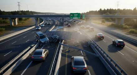 Cars maneuver around a major highway accident scene during a bright, sunny day with bridge overhead