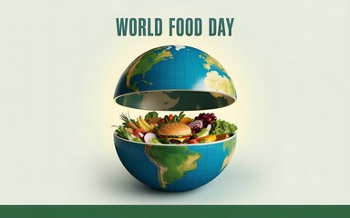 World food day concept with globe filled with fresh fruits and vegetables