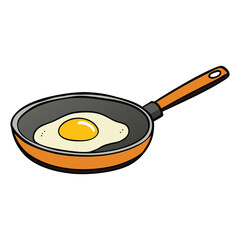 A black frying pan with a sunny-side-up fried egg in the center, white egg whites and bright yellow yolk, on a white background, simple and clean overhead view.
