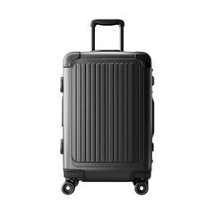 Fototapeta premium Sleek black suitcase with modern design, featuring textured surface and smooth wheels for easy mobility. Perfect for travel enthusiasts