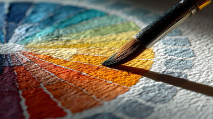Paintbrush with vibrant colors is creating beautiful pattern on textured paper, showcasing artistic expression and creativity