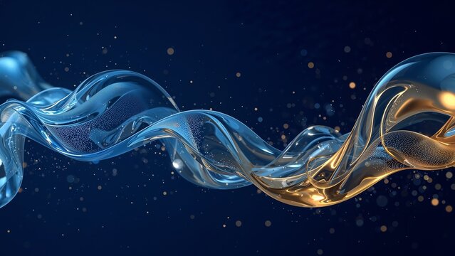Abstract swirling liquid forms in shades of blue and gold against a dark background.