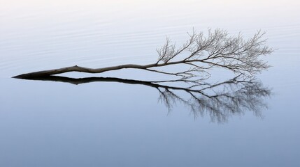 Branch Reflections on Calm Water Surface in Soft Blue Color Palette
