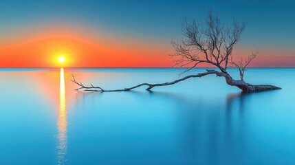 Bare Tree Leans Over Water at Sunset with Distorted Render Quality