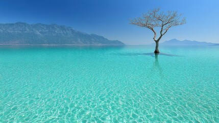 Solitary Tree Stands in Turquoise Water on Exotic Island Scenery