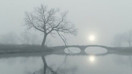 Misty Tree and Stone Bridge Reflecting on Water Under Foggy Sun
