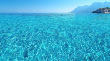 Crystal Clear Turquoise Sea Water with Mountain in Background Scenery