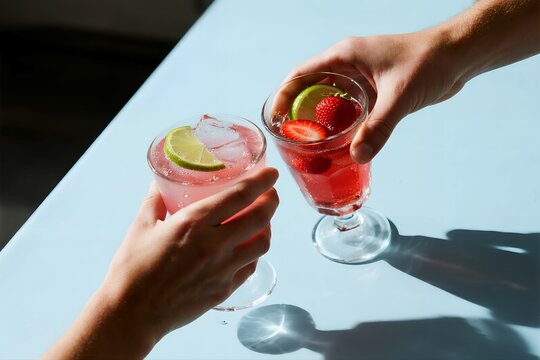 Two hands clinking vibrant pink and red cocktails with lime and strawberries, celebrating a joyful moment of cheers and refreshing drinks against a bright blue background.