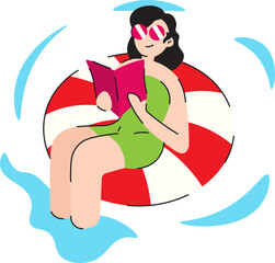 A Woman Reading On A Pool Vector Flat Illustration