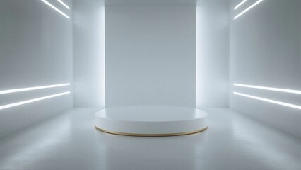 Minimalist white product display podium with a golden base, illuminated by vertical neon lights, creating a clean, modern, and futuristic stage for showcasing products or presentations.