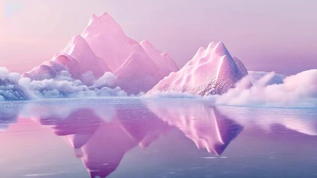 Pastel pink mountains reflected in a still water, with clouds