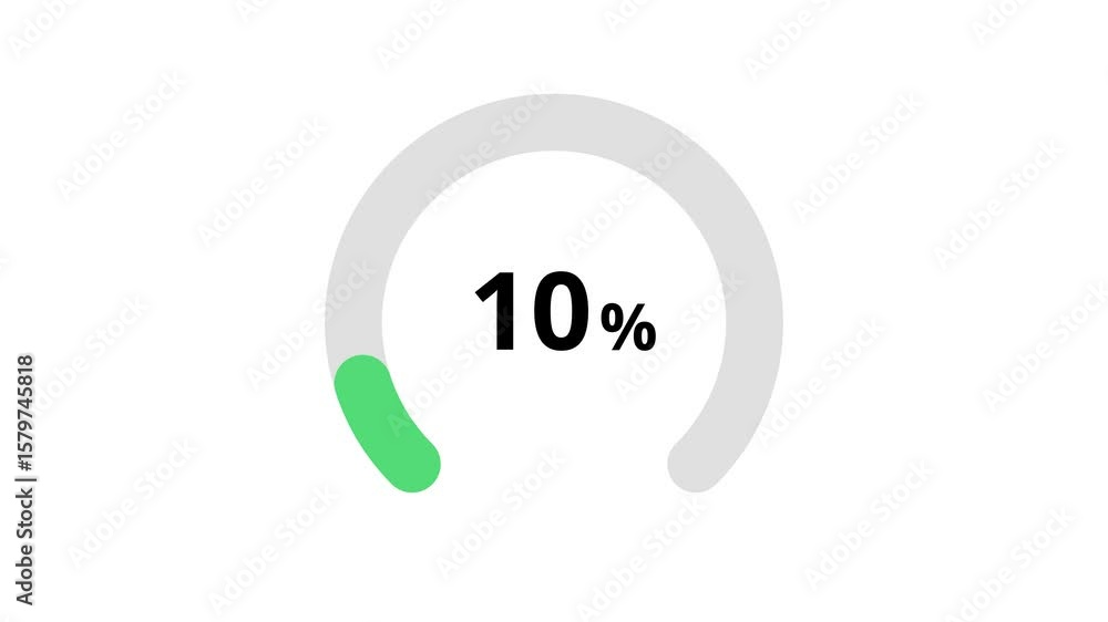 Poster smooth green arch progress animation from 5 to 100 percent on a white background. numbers fade in so