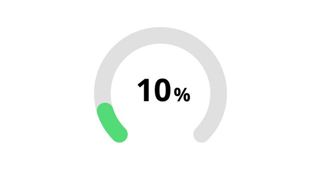 Smooth green arch progress animation from 5 to 100 percent on a white background. Numbers fade in softly as the stroke gradually extends. Ideal for UI, data dashboards, and infographics.
