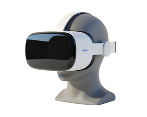 Modern VR headset on a mannequin head. Realistic 3D render of a virtual reality headset, symbolizing technology, gaming, and immersion. Isolated object on transparent background, PNG cutout.