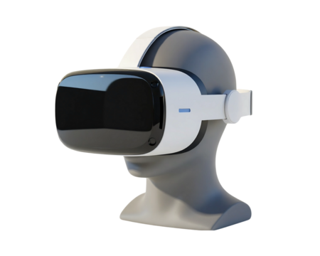 Modern VR headset on a mannequin head. Realistic 3D render of a virtual reality headset, symbolizing technology, gaming, and immersion. Isolated object on transparent background, PNG cutout.