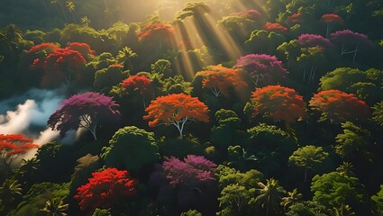Lush tropical rainforest canopy bathed in golden sunbeams and mist
