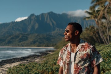 Naklejka premium Stylish man in sunglasses and floral shirt stands by a scenic beach with lush mountains and palm trees in the background.