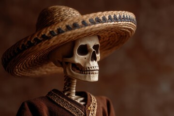 Decorative Day of the Dead skeleton figure with detailed painted features and a colorful sombrero, symbolizing Mexican cultural heritage and tradition.