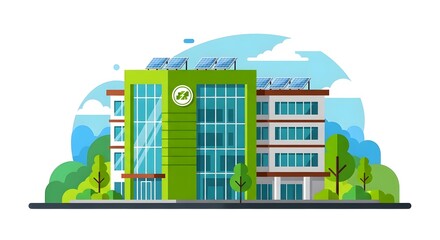 Obraz premium Modern, eco-friendly office building with solar panels, situated in a landscaped environment.
