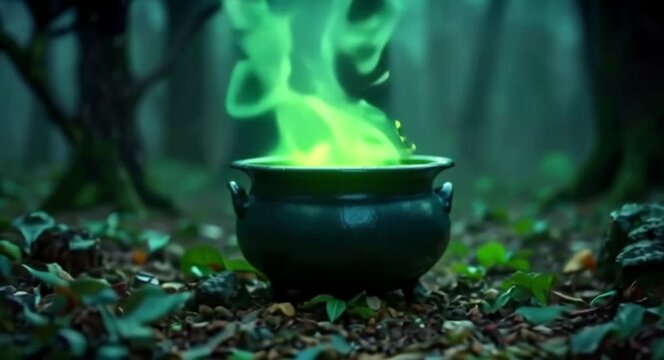 Green potion bubbling in forest cauldron