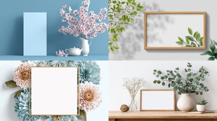 Four diverse mock-up displays a blue stand, floral arrangements with frames, and a table setting