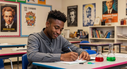 Young male student taking notes in science class at high school