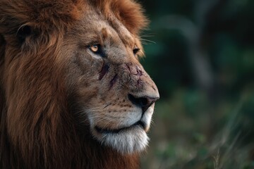 Fototapeta premium An aging male lion with visible facial scars gazes into the distance, symbolizing strength, survival, and the harsh reality of nature.