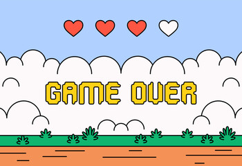 Cartoon vector illustration of a classic "game over" screen featuring pixel-style yellow text and three hearts, two red and one white, over a colorful retro background