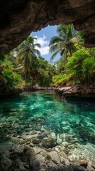 Fototapeta premium Crystal-clear underground river surrounded by rocky cliffs and palm trees, perfect for swimming and relaxing at a luxury resort in Mexico.