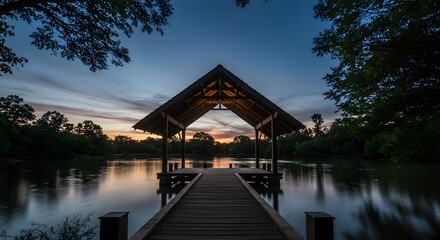 Obraz premium Serene Sunset at the Lakeside Pavilion